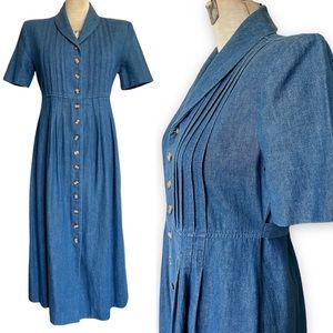 Vintage 80s Denim Pleat Button Midi Dress